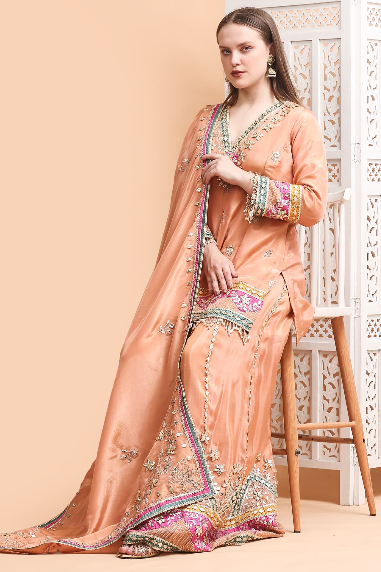 Premium Peach Tissue Silk Gota Patti Embroidered Kurta Sharara Set with Dupatta | Luxury Wedding & Festive Wear