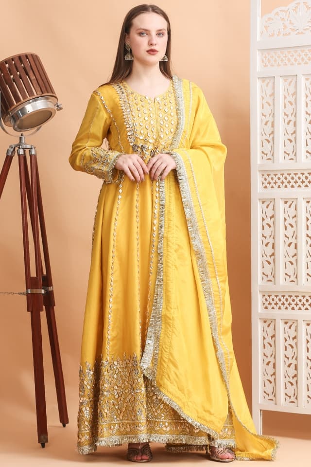 Yellow Tissue Silk Gota Patti Embroidered Anarkali Set with Dupatta | Luxury Wedding & Festive Wear
