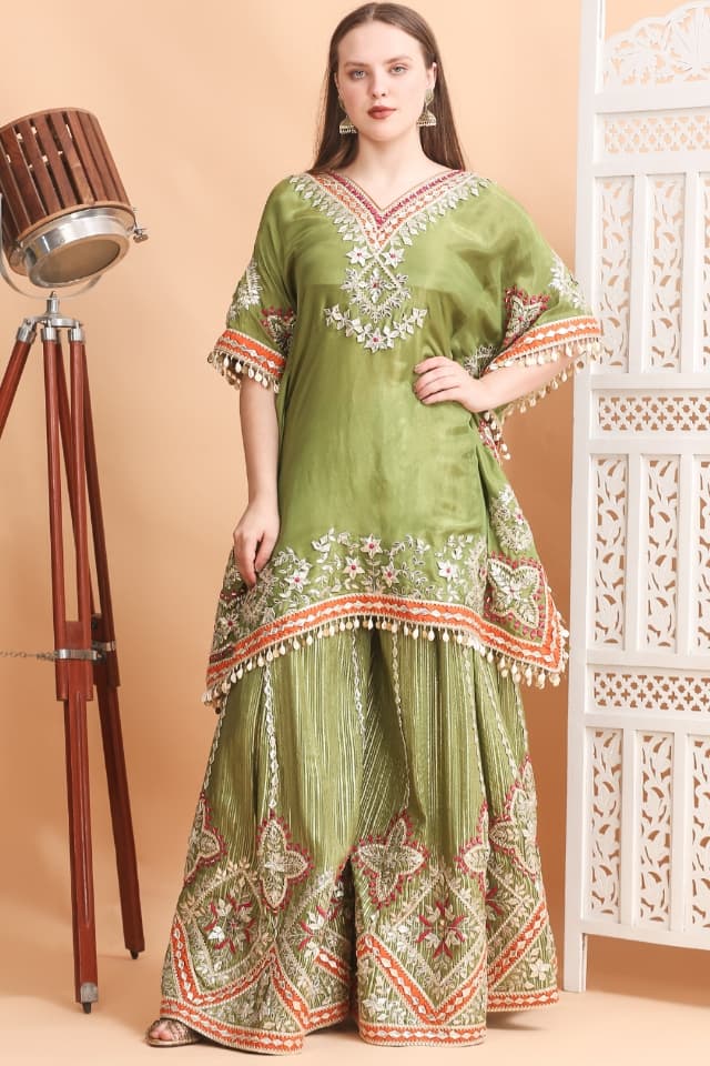 Luxury Olive Green Tissue Silk Kaftan Sharara Set with Gota Patti Embroidery | Premium Festive & Wedding Wear