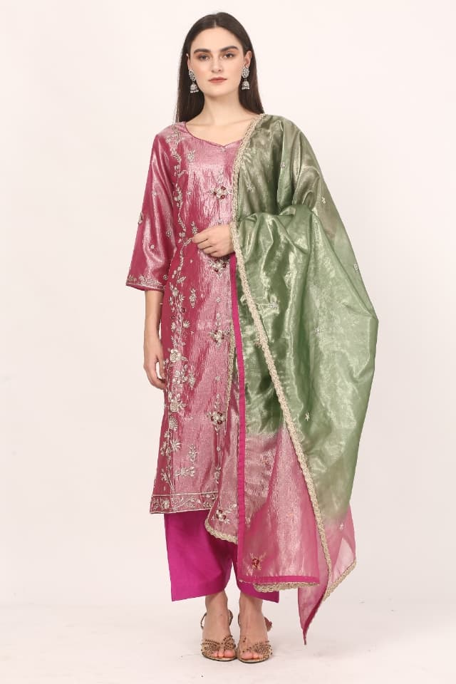 Tissue Silk Zardozi Embroidered Kurta Set with Ombre Dupatta | Handcrafted Dabka, Nakshi & Sequin Work | Luxury Ethnic Wear