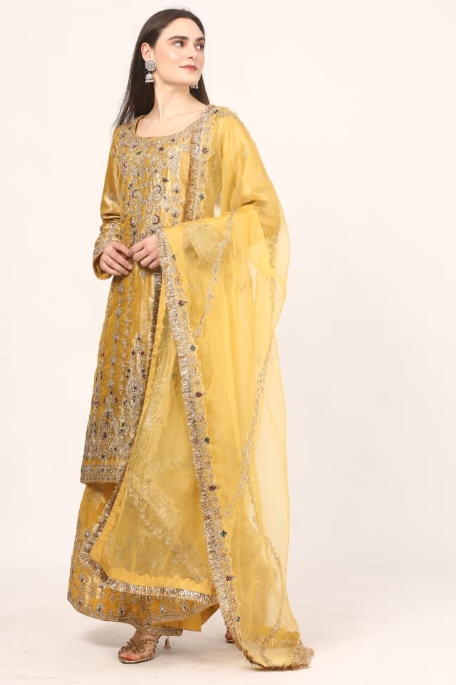 Mustard Yellow Tissue Silk Kurta Sharara Set with Kiran Dori, Dabka, Nakshi & Sequins Hand Embroidery | Premium Designer Ethnic Wear
