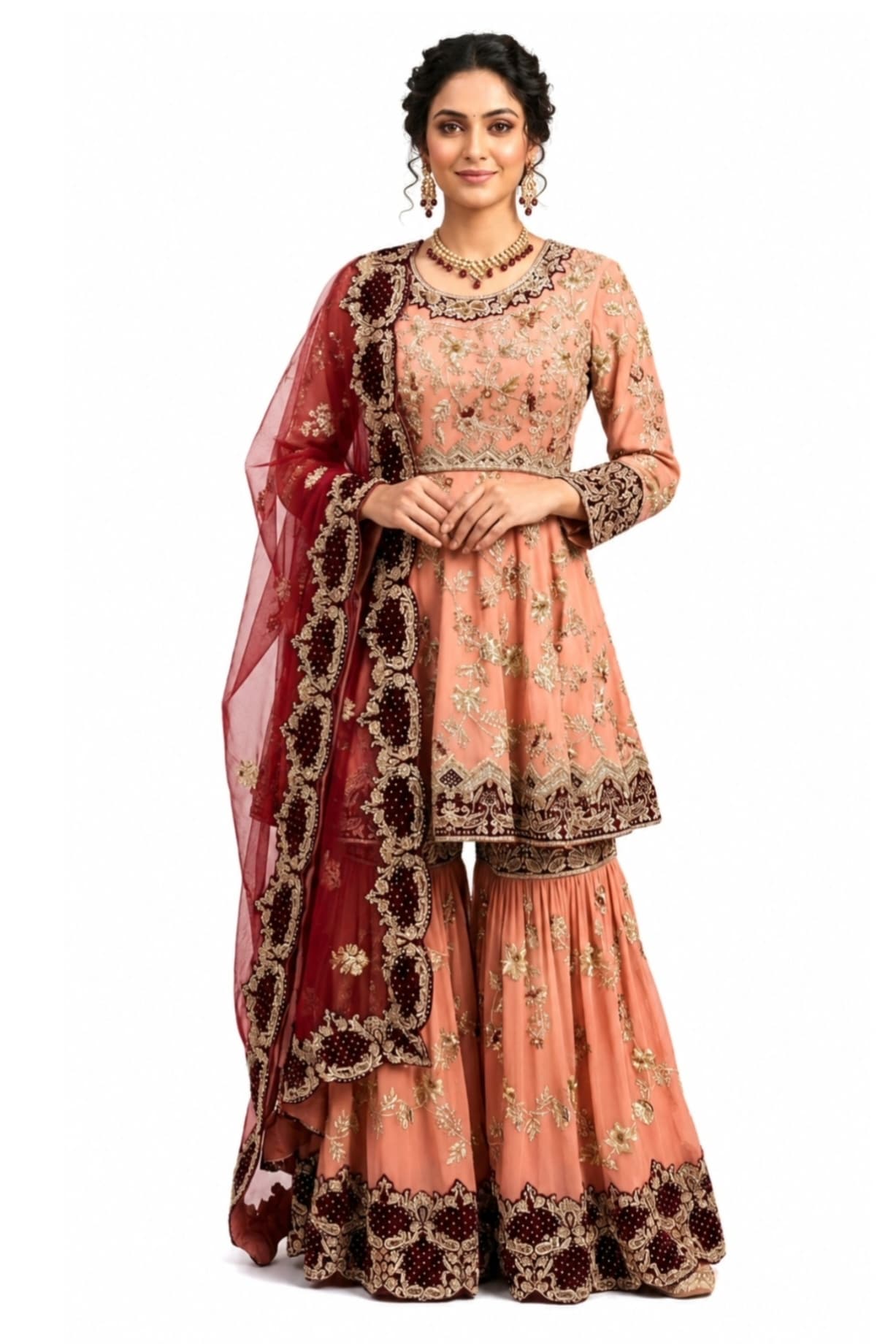Blush Pink Embroidered Sharara Suit with Maroon Net Dupatta – Wedding & Festive Wear