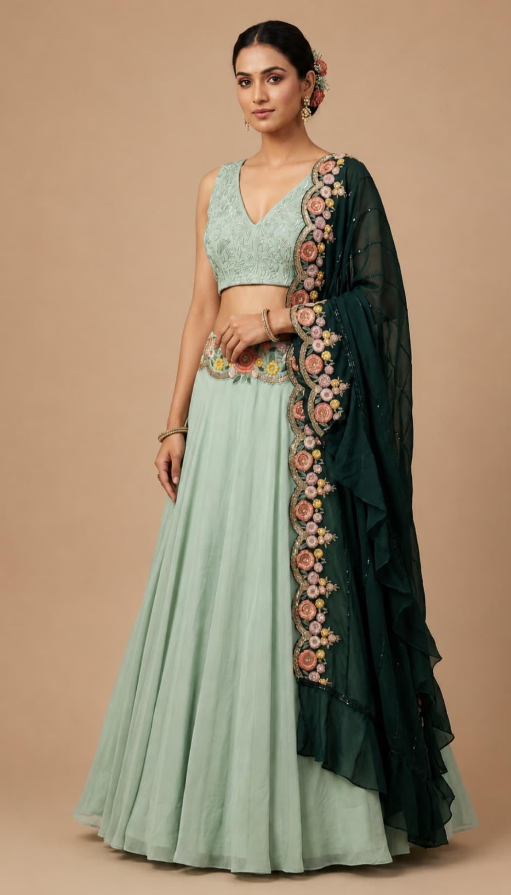 Mint & Bottle Green Soft Organza Lehenga Choli Set with Resham, Cutdana, Sequins & Pearl Embroidery | Luxury Designer Ethnic Wear