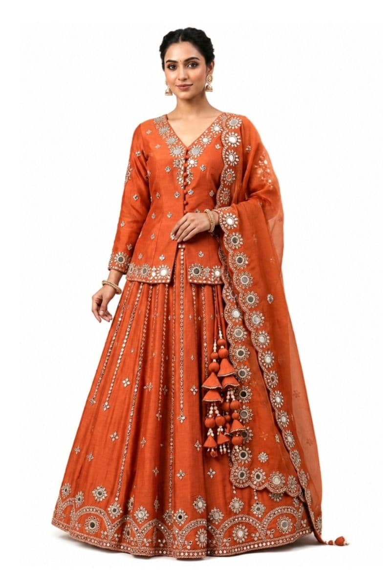 Women's Rust Orange Mirror Work Lehenga Set with Embroidered Jacket & Dupatta