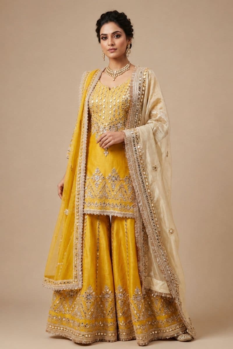 Mustard Yellow Gota Patti Embroidered Sharara Suit with Organza Dupatta | Festive & Wedding Wear for Women