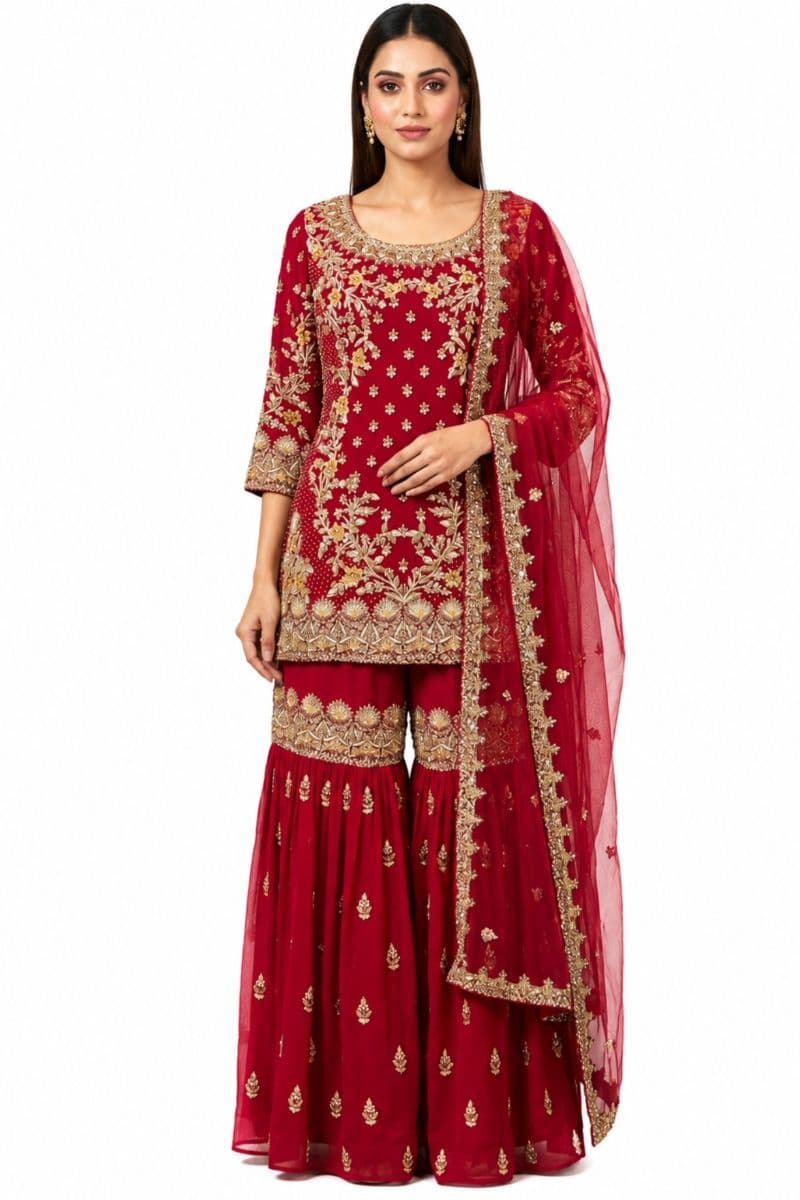 Ruby Red Heavy Embroidered Sharara Suit with Net Dupatta | Wedding & Party Wear