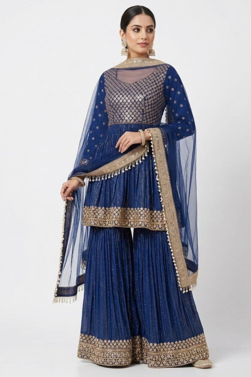 Royal Blue Sequins Embroidered Peplum Sharara Set with Net Dupatta | Wedding & Festive Wear