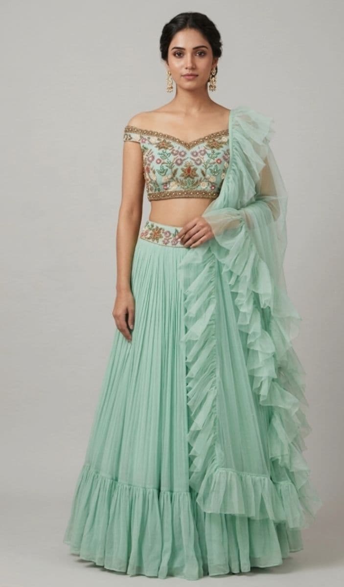 Mint Green Embroidered Ruffle Lehenga Set with Off-Shoulder Floral Blouse & Cascading Dupatta