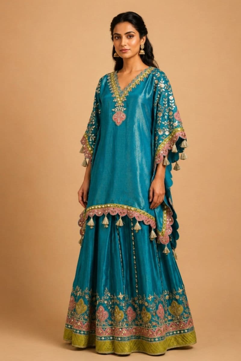 Teal Blue Gota Patti Embroidered Short Kaftan Sharara Set with Tassel Detailing & Scalloped Hem