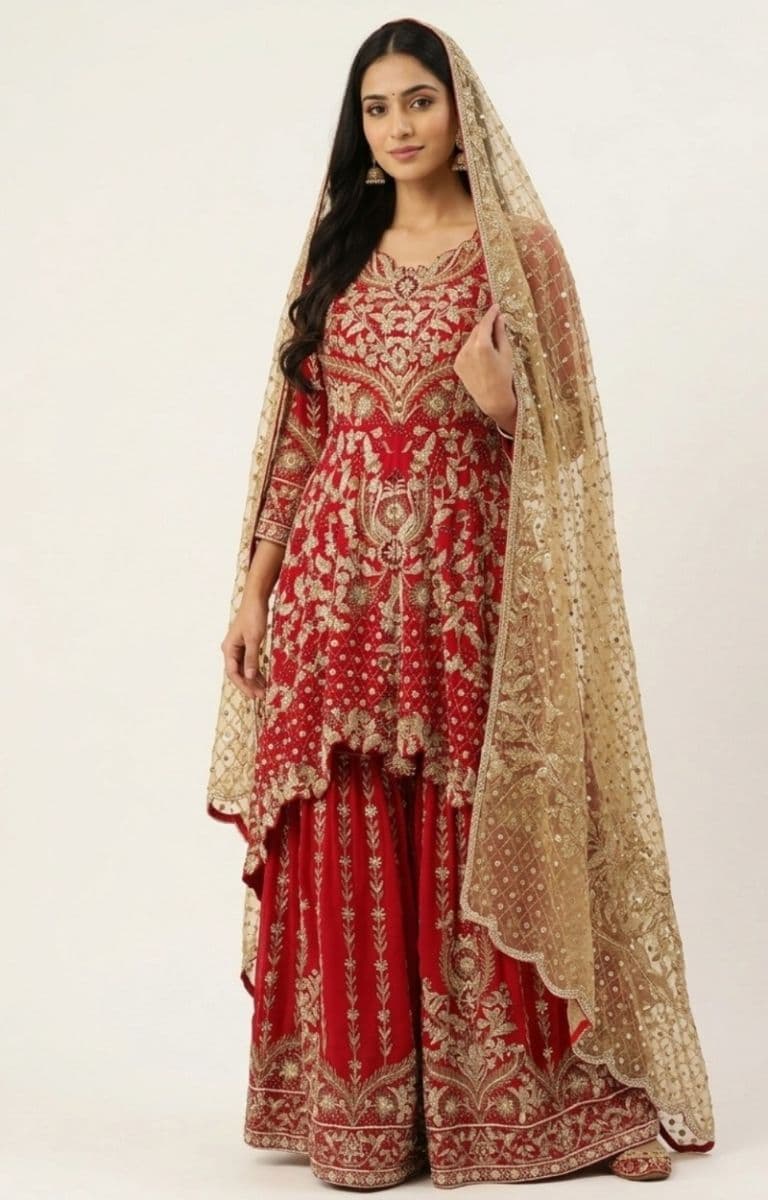 Handcrafted Bridal Red Gharara Set with Heavy Zardozi Embroidery & Net Dupatta