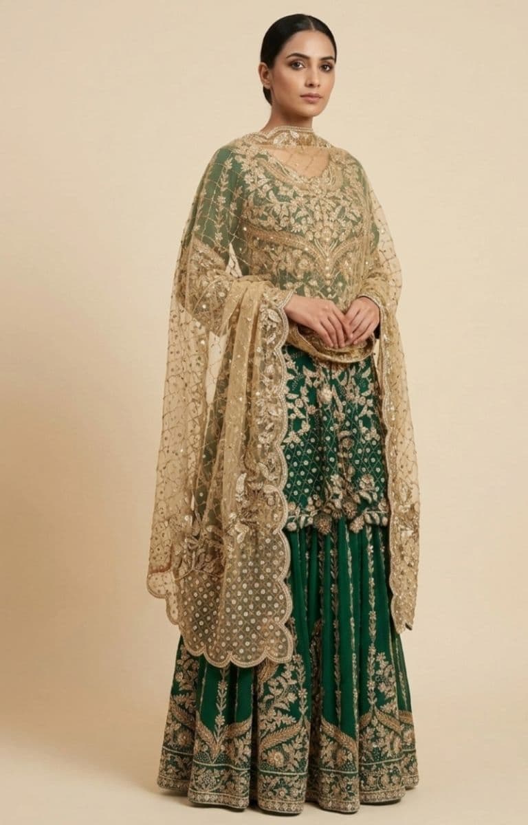 Handcrafted Bridal Green Gharara Set with Heavy Zardozi Embroidery & Net Dupatta