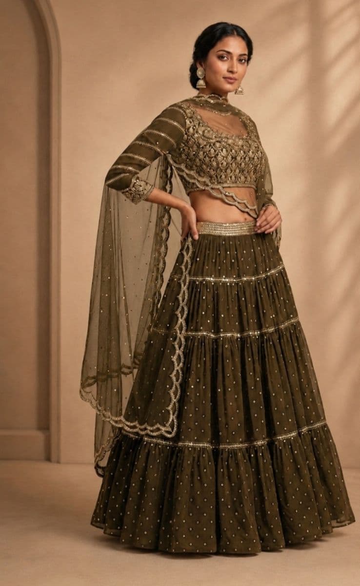 Luxury Olive Green Embroidered Lehenga Choli Set with Scalloped Net Dupatta | Wedding & Festive Wear