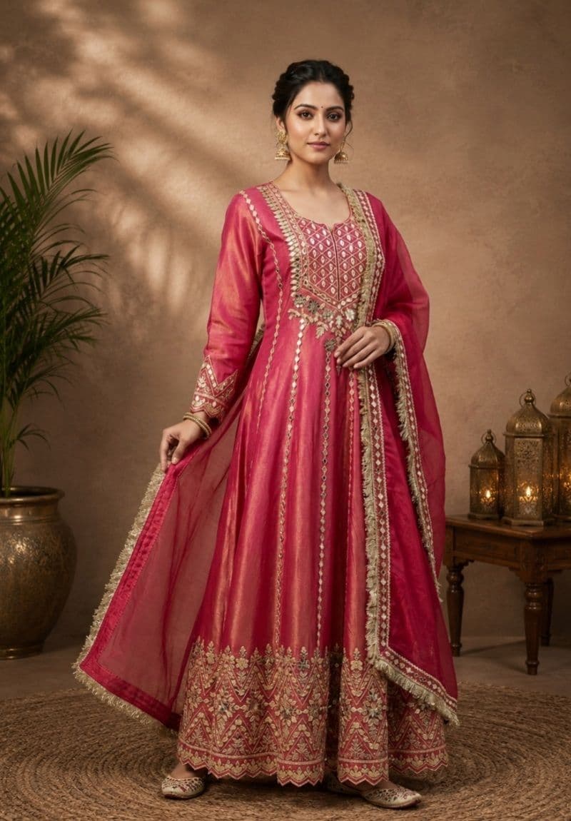 Rani Pink Tissue Silk Anarkali Suit with Zardozi Embroidery & Organza Dupatta