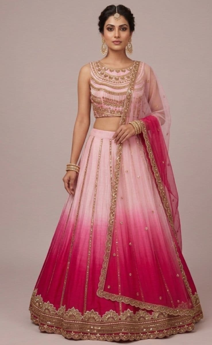 Blush Pink Ombre Lehenga Choli Set with Heavy Zardozi Embroidery & Net Dupatta