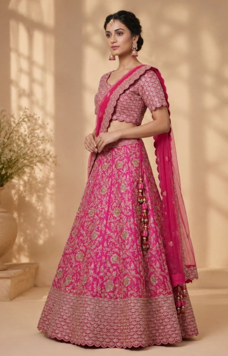 Royal Magenta Silk Lehenga Choli with Scalloped Zari Embroidery and Tassel Det