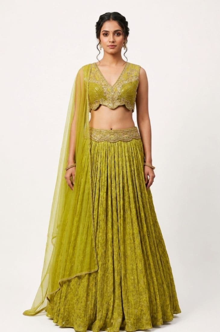 Luxury Olive Green Embroidered Lehenga Set with Designer Blouse & Soft Net Dupatta