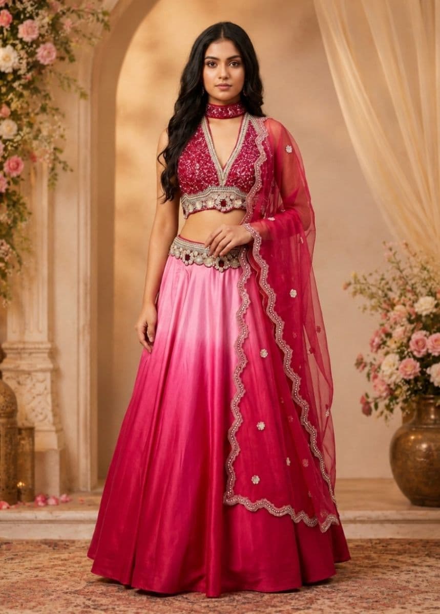 Luxury Ombre Pink Sequins Lehenga Set with Hand-Embellished Halter Blouse & Scalloped Dupatta