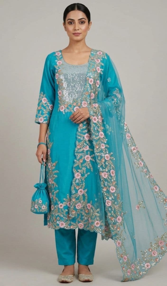 Turquoise Embroidered Pure Silk Kurta Set with Organza Dupatta | Handcrafted Designer Festive Wear | Luvtale