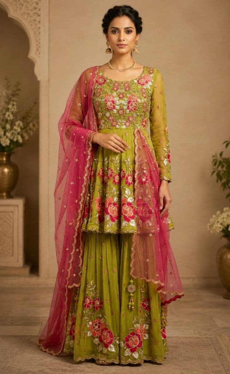 Luxury Lime Green Floral Embroidered Sharara Set with Pink Organza Dupatta | Handcrafted Zardozi & Sequin Work Party Wear