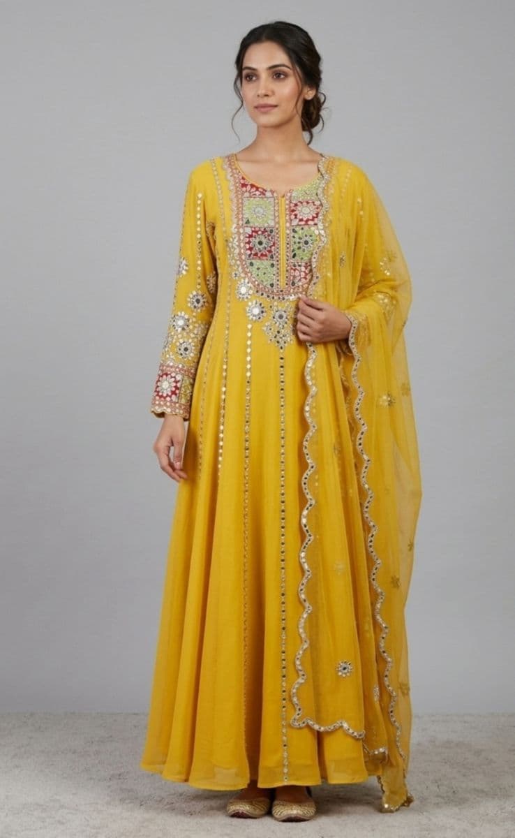 Designer Yellow Anarkali Gown Set with Handcrafted Mirror Work & Dupatta
