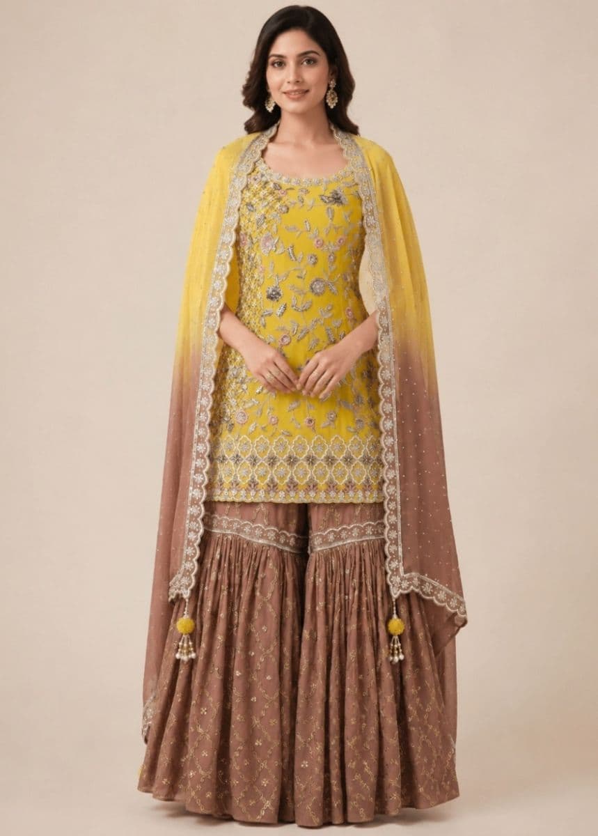 Designer Yellow Sharara Suit with Hand Embroidery & Ombre Dupatta