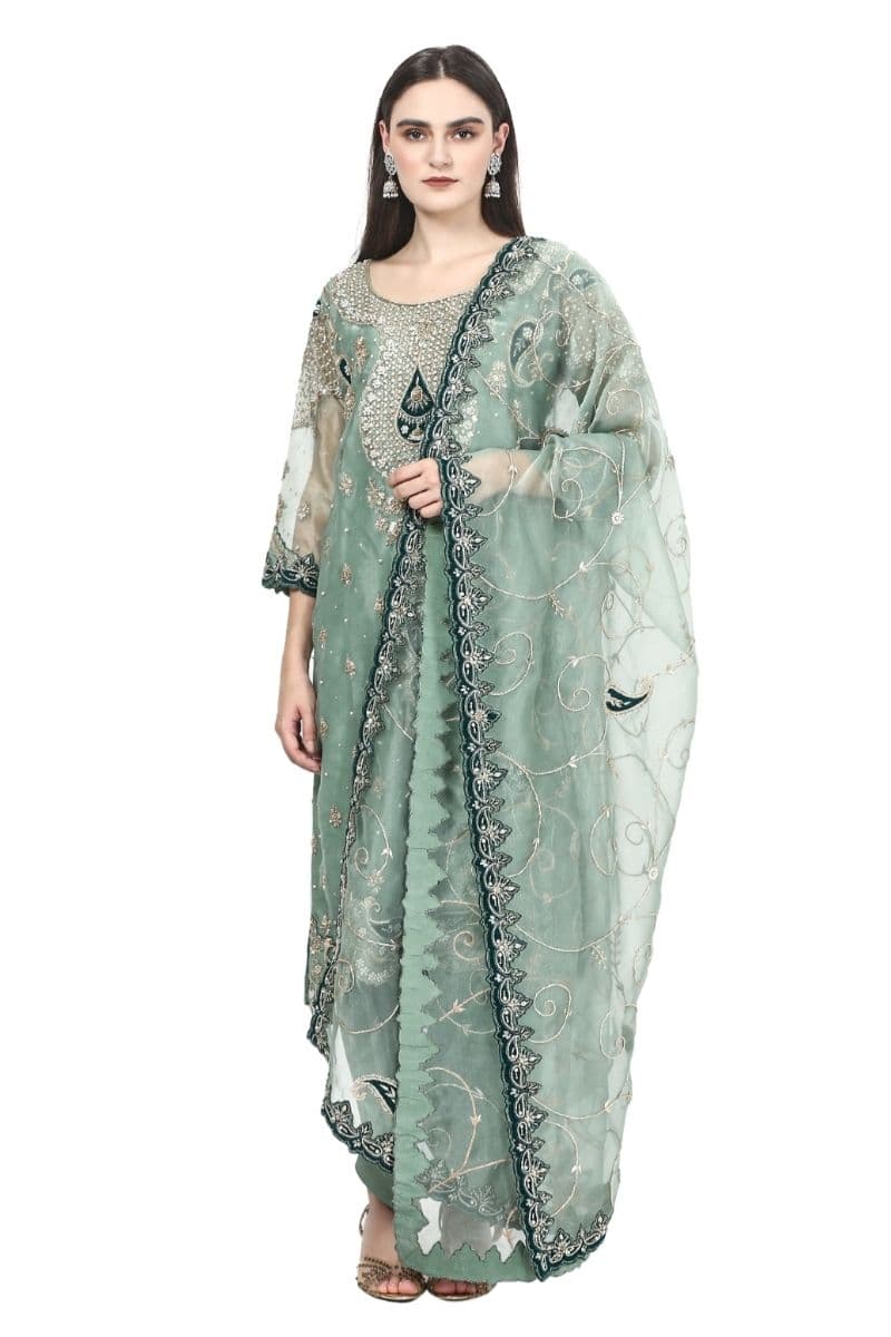 Premium Sage Green Organza Pakistani Suit with Handcrafted Pearl & Zardozi Embroidery Dupatta