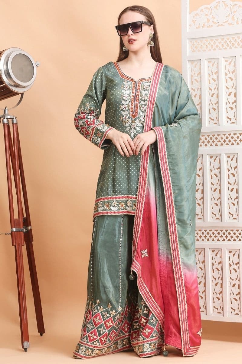 Bluish Green Gota Patti Embroidered Sharara Set 