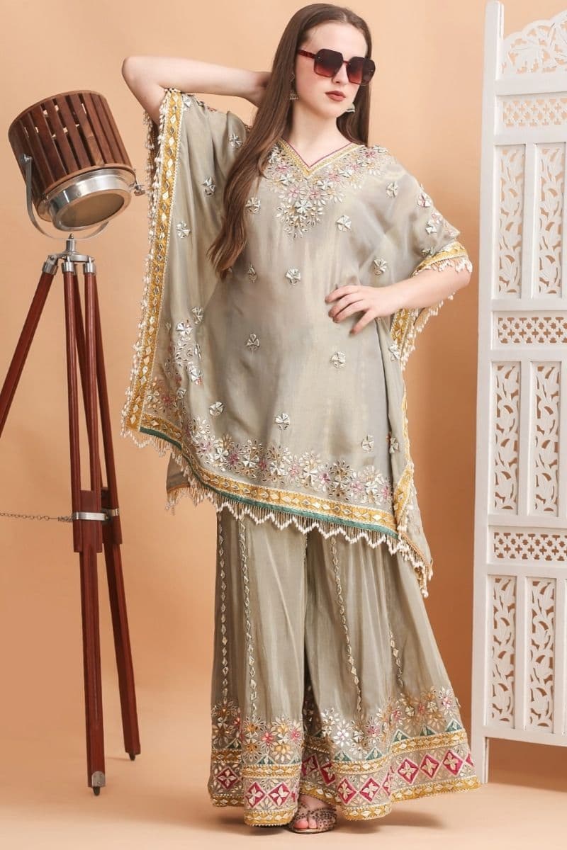 Handcrafted Taupe Gota Patti Embroidered Kaftan Sharara Set with Mirror Work & Tassel Details