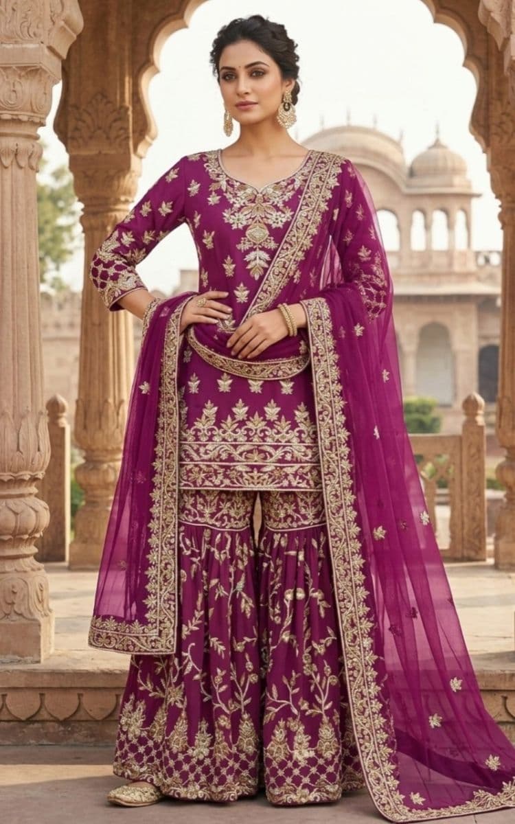 Designer Magenta Zardozi Embroidered Sharara Set with Handcrafted Heritage Borders