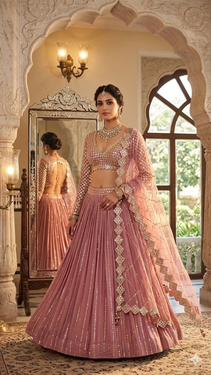 Designer Dusty Rose Lehenga Choli with Mirror Work & Embellished Dupatta