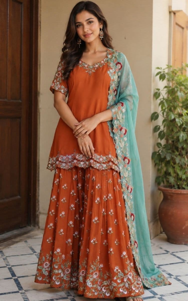 Burnt Orange Sharara Set with Floral Embroidery & Aqua Organza Dupatta
