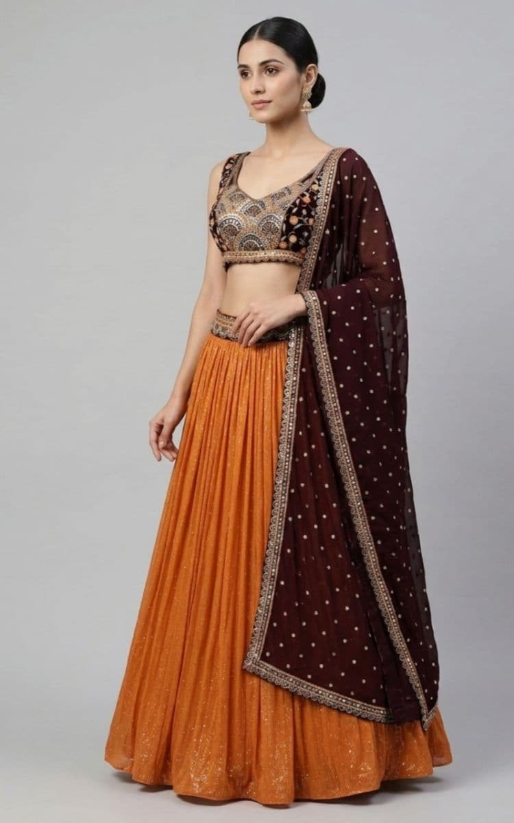 Burnt Orange & Burgundy Lehenga Set with Handcrafted Mirror Embroidered Blouse