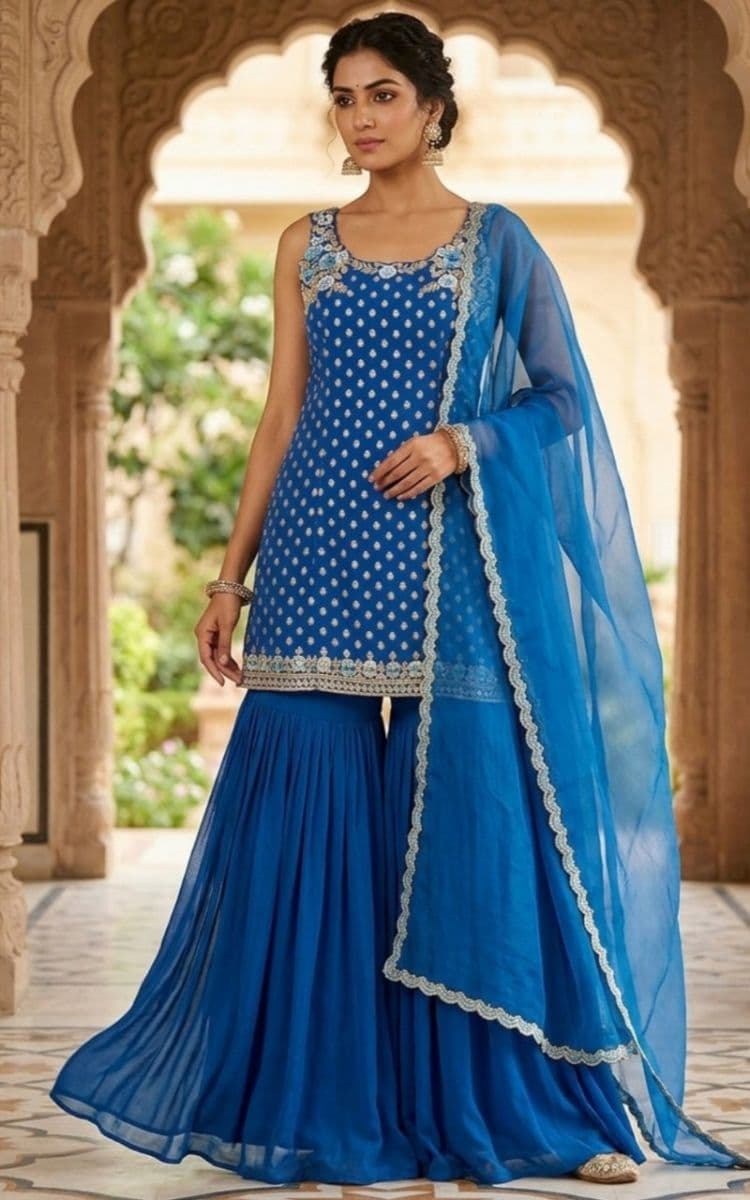 Royal Blue Gharara Set With Floral Embroidered Yoke & Organza Dupatta 