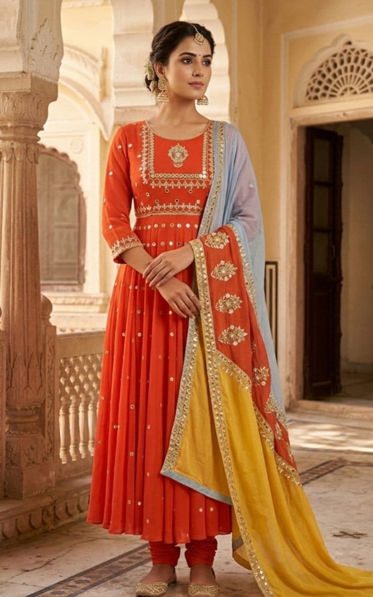Coral Red Anarkali Suit with Mirror Embroidery & Color-Block Dupatta