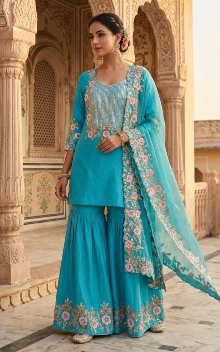 Luxury Turquoise Gharara Set with Floral Embroidered Organza Dupatta