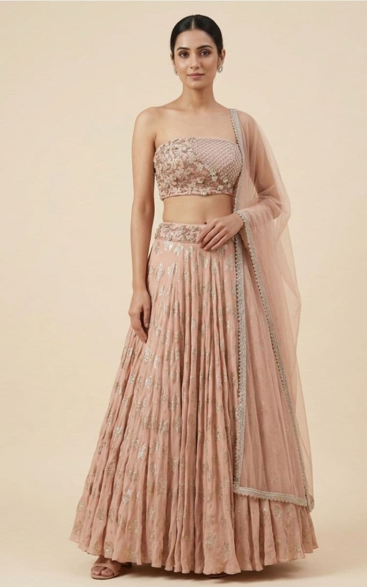 Luxury Blush Pink Embroidered Lehenga Set with 3D Floral Handwork