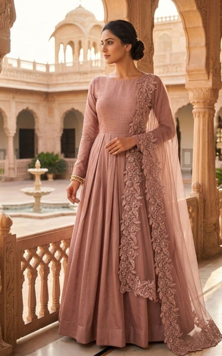 Designer Dusty Rose Anarkali Set with Intricate Embroidered Dupatta