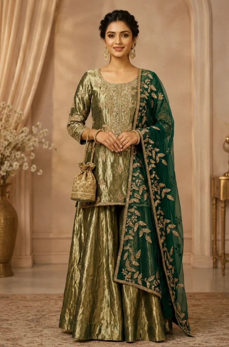 Luxury Olive Green Tissue Silk Kurta Sharara Set with Hand Embroidered Organza Dupatta