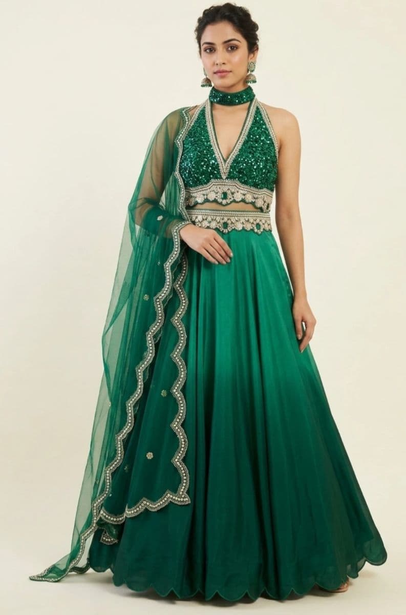 Emerald Green Sequin Embroidered Halter Neck Lehenga Choli Set with Scalloped Net Dupatta | Designer Wedding & Reception Wear