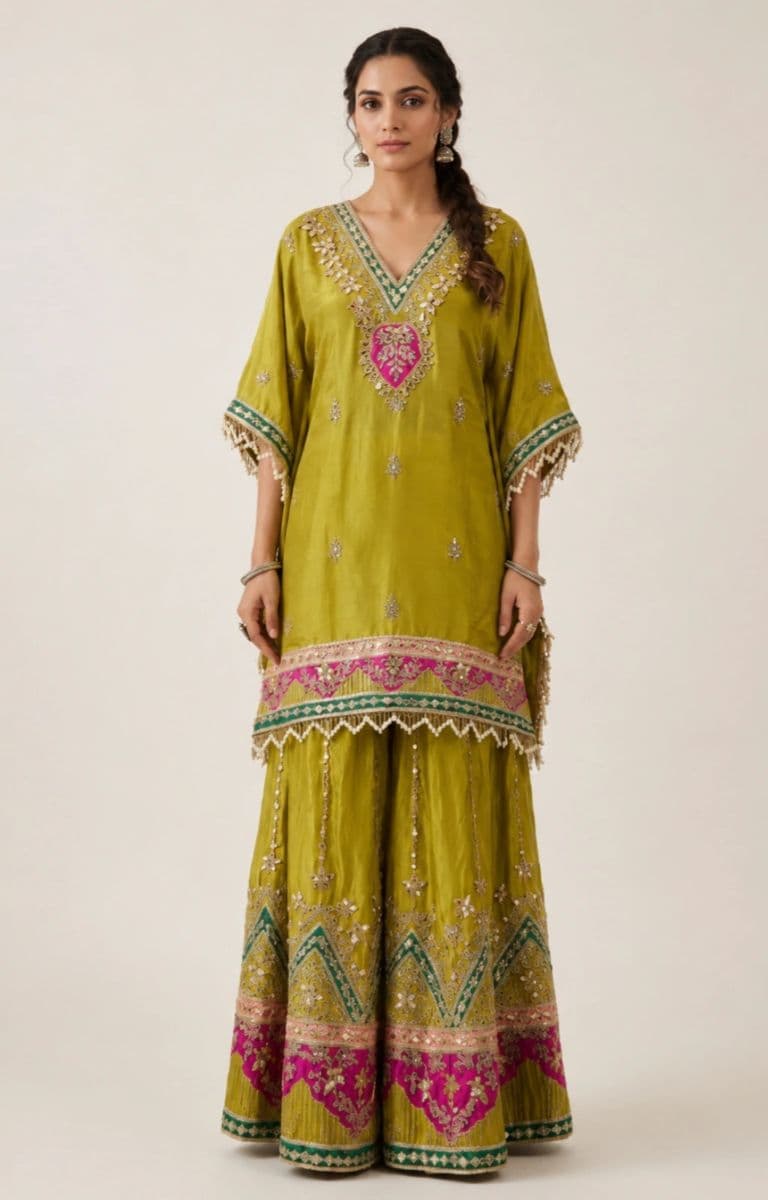 Gota Patti Embroidered Kaftan Sharara Set for Women | Premium Designer Wedding & Festive Wear