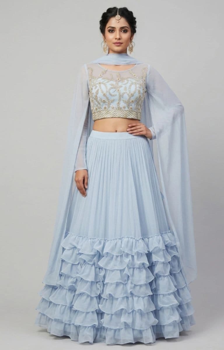 Ice Blue Ruffle Lehenga with Hand Embroidered Blouse & Organza Dupatta | Premium Designer Occasion Wear