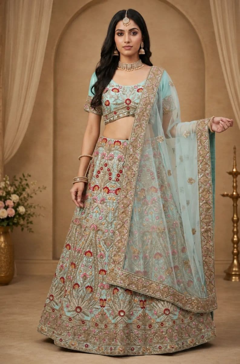 Powder Blue Floral Embroidered Lehenga Set with Organza Dupatta | Premium Designer Wedding, Engagement & Reception Wear