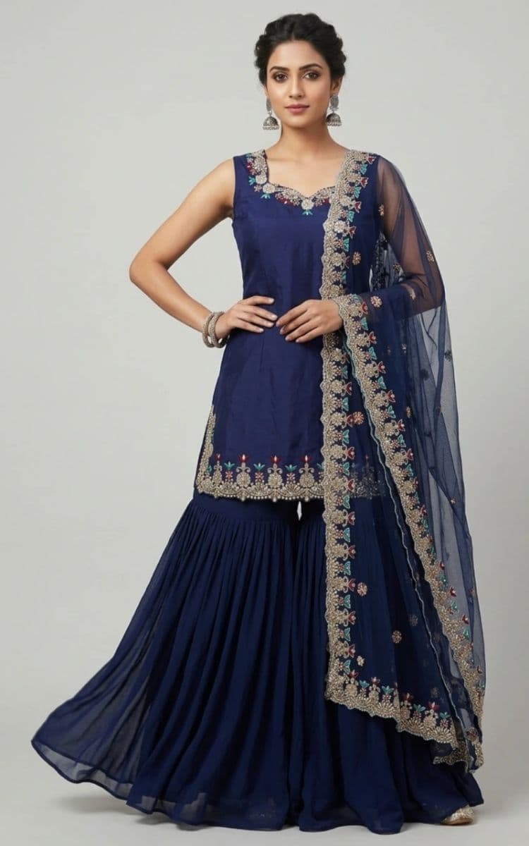 Navy Blue Embroidered Sharara Suit with Organza Dupatta | Premium Designer Wedding & Festive Wear