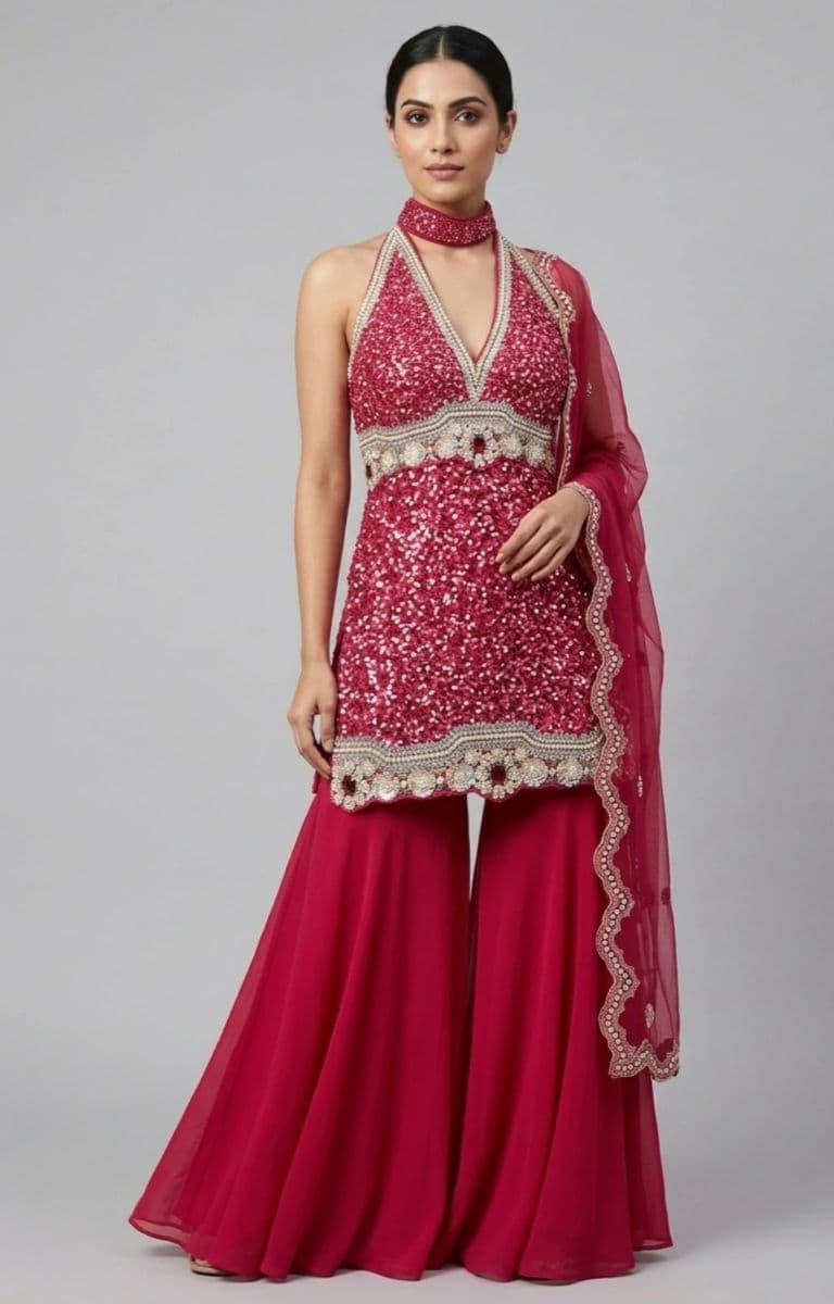 Hot Pink Sequins Embroidered Sharara Set with Organza Dupatta | Premium Designer Party & Wedding Wear
