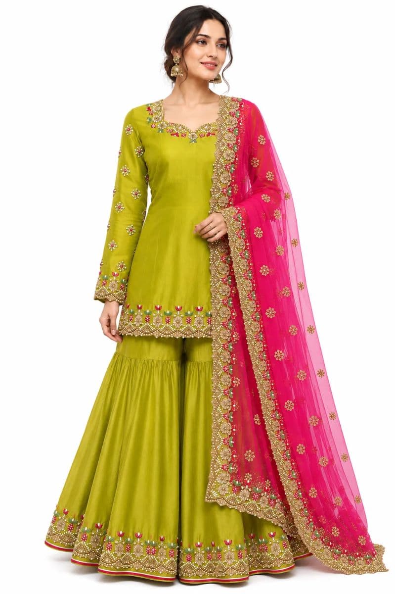 Lime Green Hand Embroidered Sharara Suit with Rani Pink Net Dupatta | Designer Wedding & Festive Wear