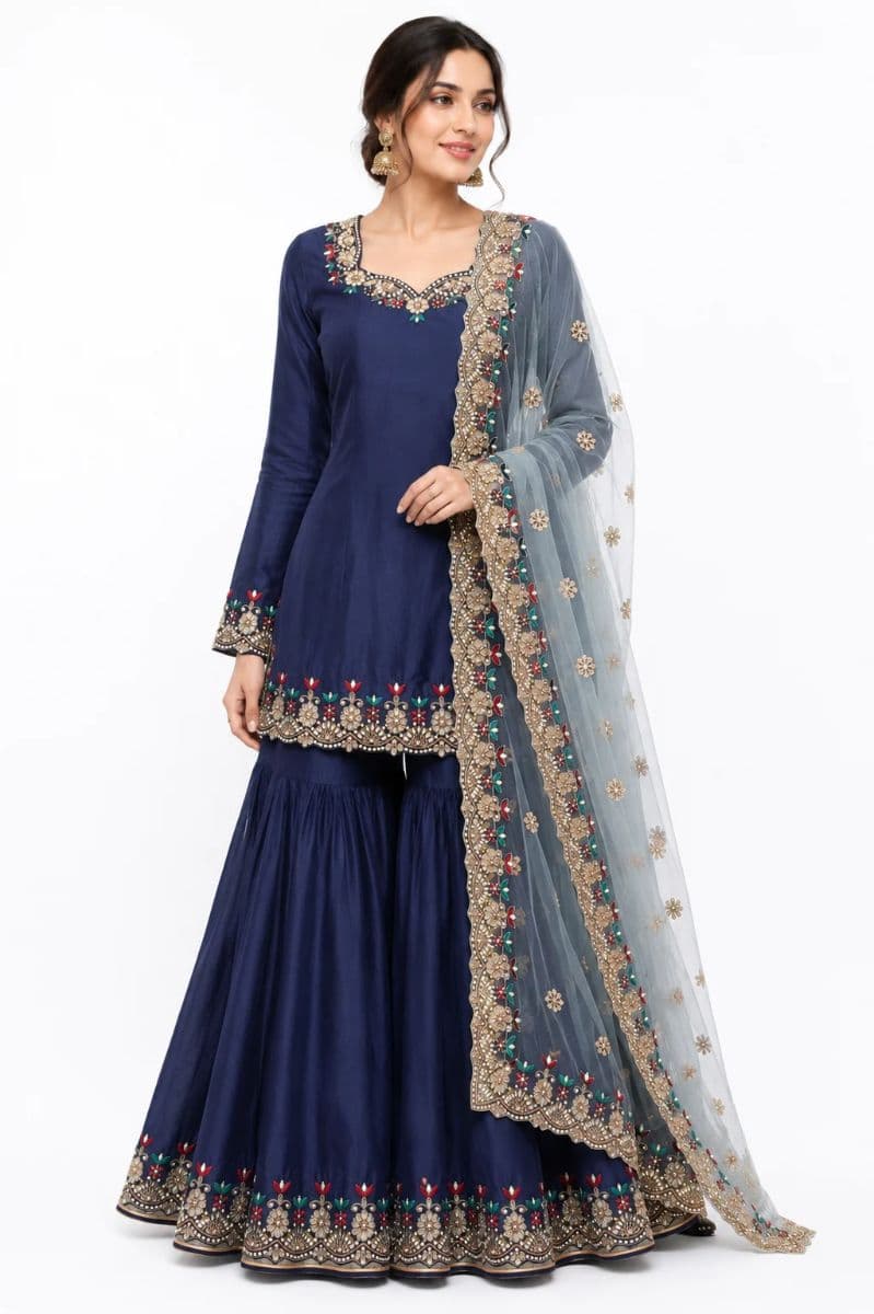 Navy Blue Hand Embroidered Sharara Suit with Designer Net Dupatta | Premium Wedding & Festive Wear