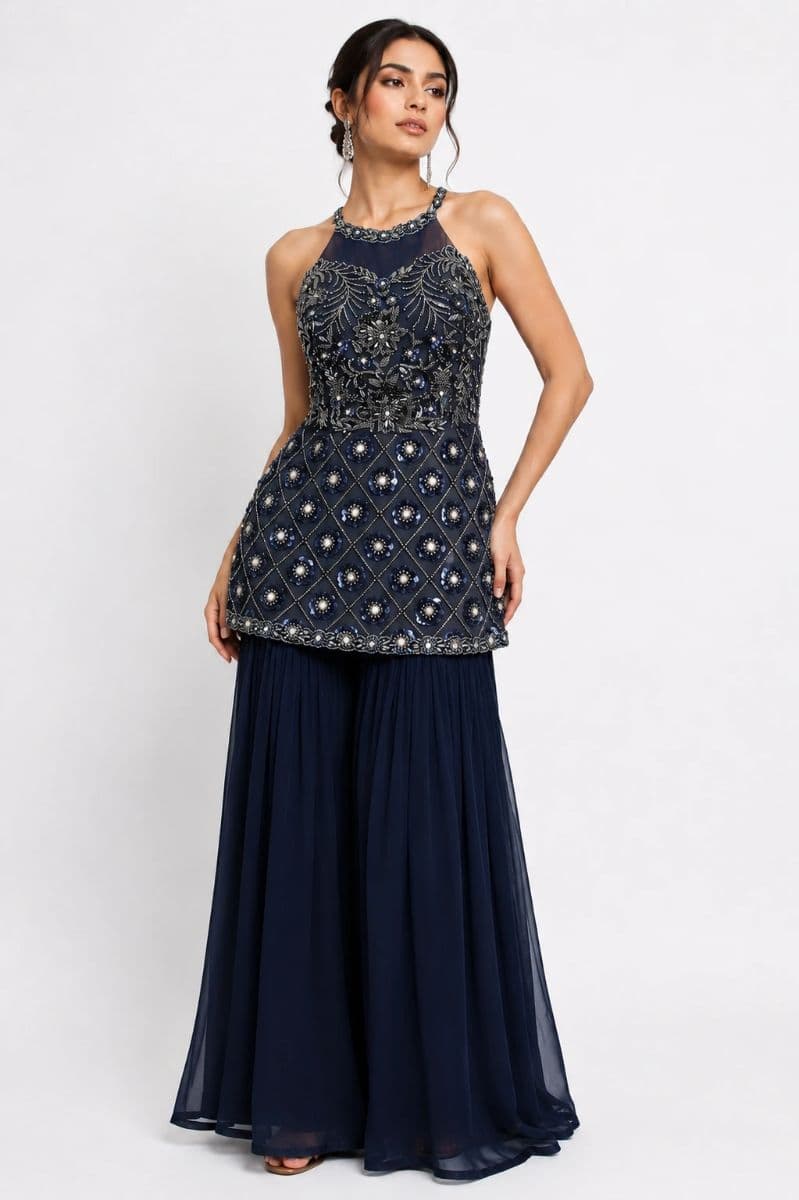 Navy Blue Hand Embroidered Peplum Sharara Set with Sequins, Beads & Crystal Work | Designer Wedding & Party Wear