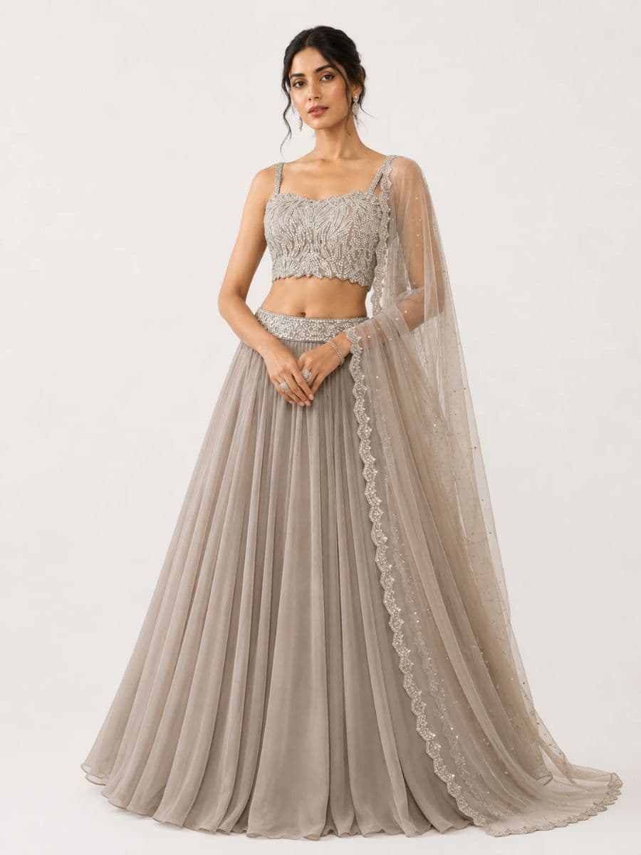 Women's Champagne Beige Hand-Embroidered Sequin Georgette Lehenga Set with Designer Blouse & Scalloped Dupatta | Luxury Wedding & Party Wear