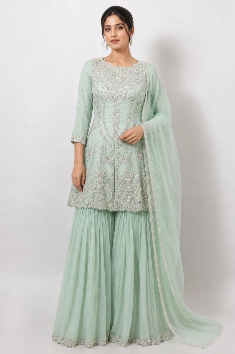 Mint Green Hand-Embroidered Sharara Suit Set with Pearl & Sequin Work, Georgette Sharara and Dupatta | Designer Wedding, Festive & Party Wear