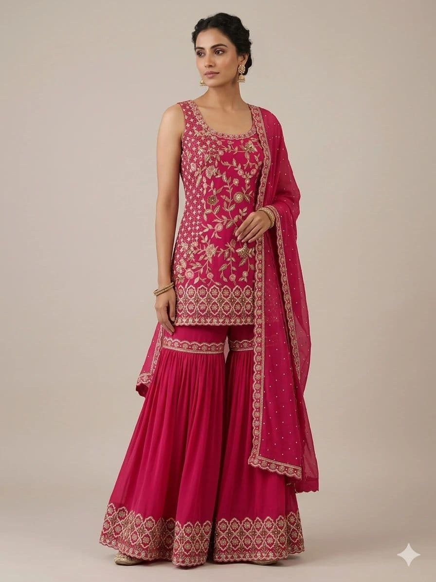 Hot Pink Hand Embroidered Floral Sharara Suit Set with Scalloped Kurta & Dupatta | Designer Wedding & Festive Wear for Women